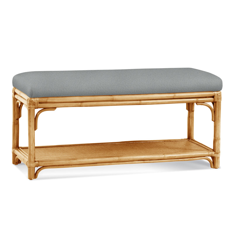 Summer Retreat Wicker Shelf Storage Bench, Havana, Light Blue Performance Fabric; 0851-55