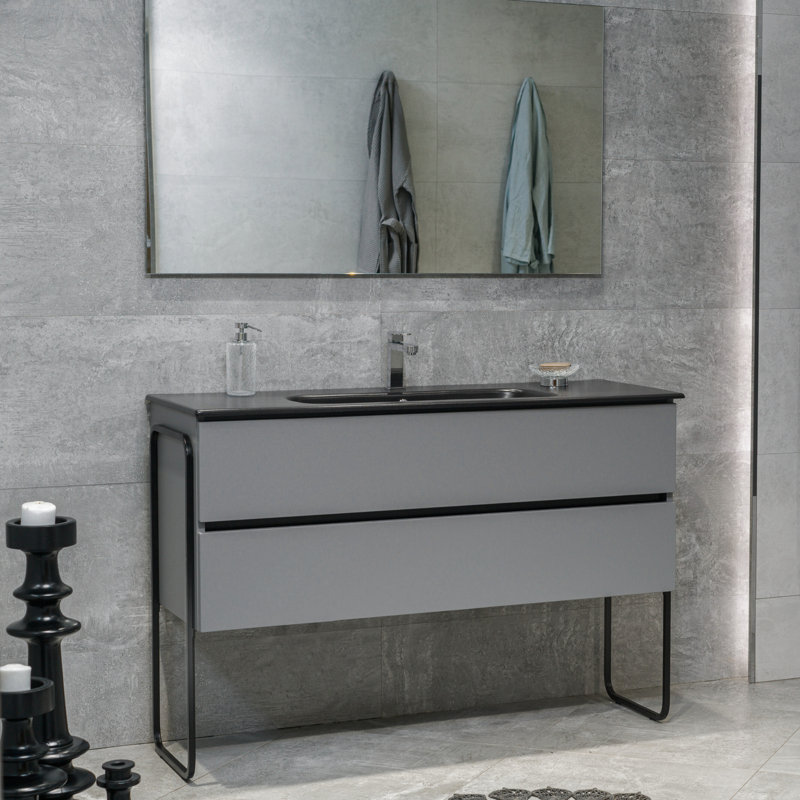 Ensemble de meuble-lavabo mural simple 48 po avec plateau en céramique Veneto, Gris crépuscule, Noir