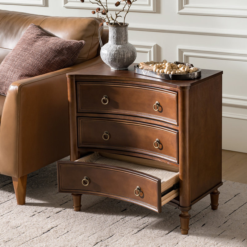 Gillianne 26"W 3-Drawer Curved Silhouette End Table with Built-in Charging Station and Simple Assembly, Walnut
