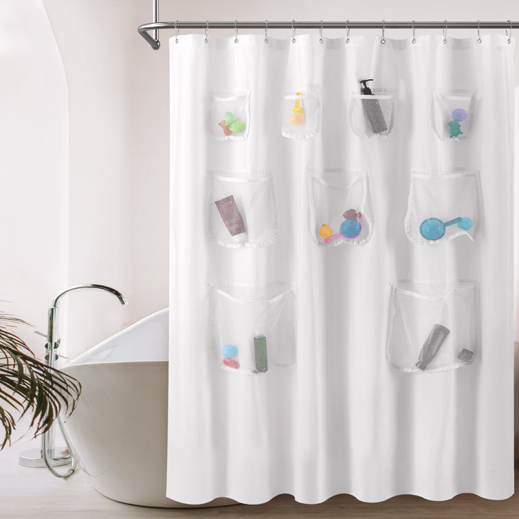 Waterproof Fabric Shower Curtain Or Liner With 9 Storage Pockets