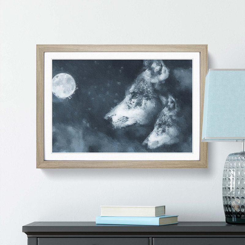 Wolves in the Moonlight - Picture Frame Painting Print, Oak Framed, 48cm H x 65cm W x 2cm D