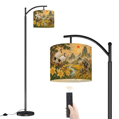  Arc Floor Lamp Chinese Landscape Cranes Sunset Golden Fields Tall Modern Standing Lamp LED Adjustable Linen Lampshade 3 Color Temperatures