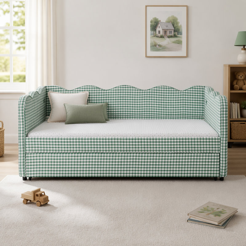 Lit de jour avec couchette avec port USB et adorable forme de vague, Cyan