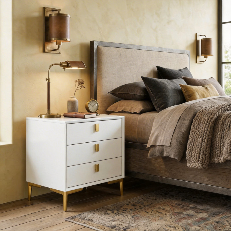 Modern 3-Drawer Nightstand with Metal Legs, Bedside Storage Cabinet for Bedroom and Living Room, White