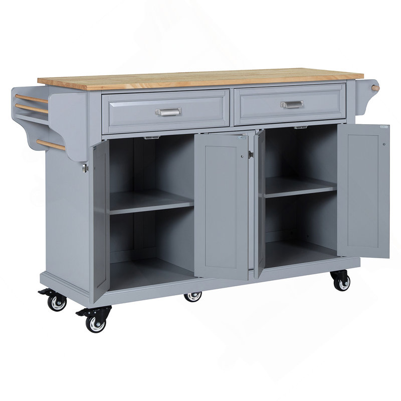 Kitchen Island With Rubber Wood Countertop, Kitchen Cart On 5 Wheels With Storage Cabinet, Gray