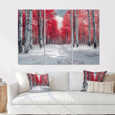 Hiver, bouleaux rouges, forêt, Panorama II - ensemble d'art mural forêt