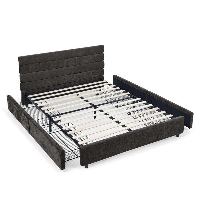 Grand lit rembourré, cadre de lit rembourré confortable, tête de lit et base de lit solide - beige (85 po x 66 po x 36 po)