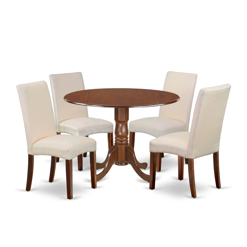 L'ensemble de mobilier de salle à manger 5 pièces comprend une table ronde avec Dropleaf et 4 chaises rembourrées en lin crème, acajou