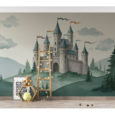 Castle Wallpaper Mural for Boys Room – Fairytale Stone Castle, Watercolor Storybook Wall Decor 347DRE