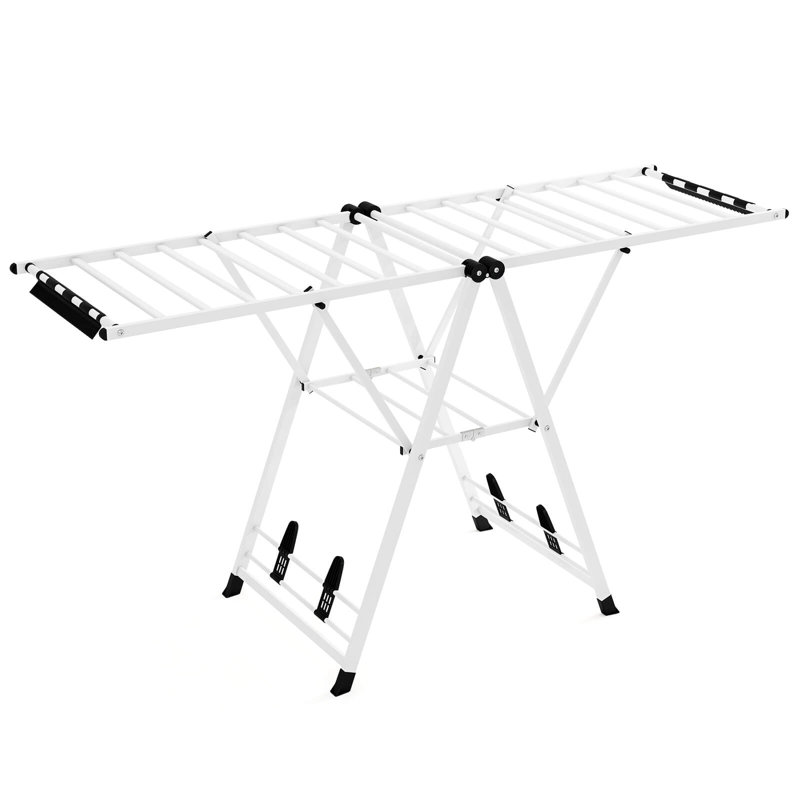 Séchoir à linge pliable en métal avec ailes réglables en hauteur, 20 rails de séchage blancs, Blanc/Noir