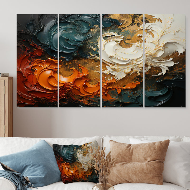 «Orange and Gold Ripple Waves Melody II», peinture abstraite, art mural 4 pièces, H 28 po x l 48 po