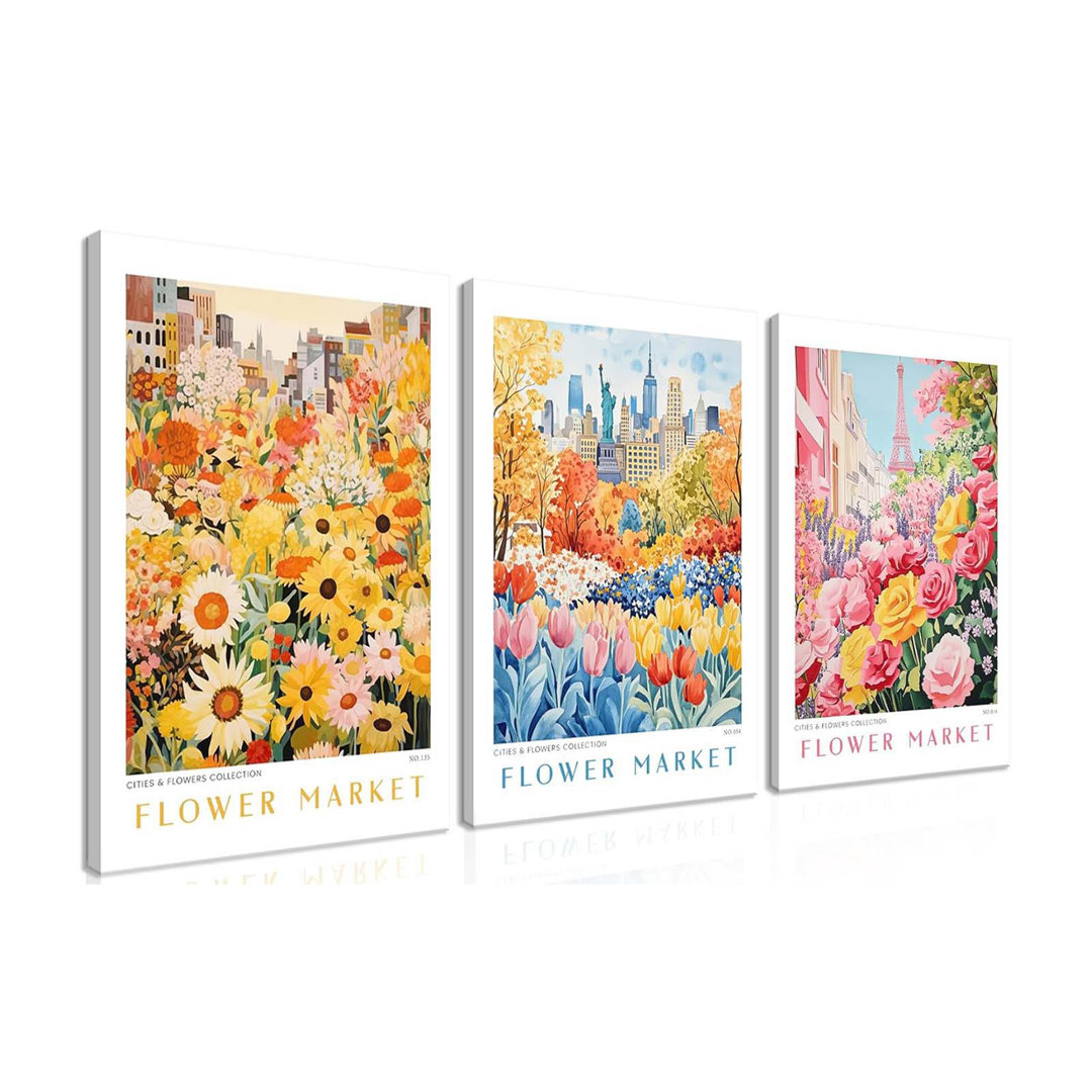Flower Market Colorful Plants Wall Art Set Of 3, Yellow Wildflower Sunflower Canvas Prints Picture, Red Floral Travel Painting Poster For Living Room