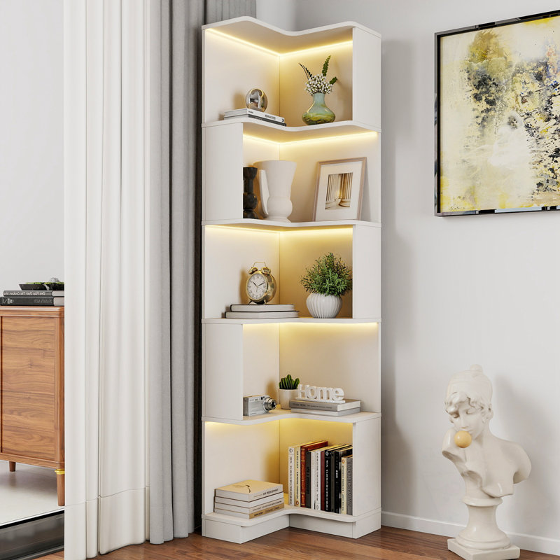 Bibliothèque de coin 5 niveaux Yetta avec déflecteur et lumière DEL, Blanc