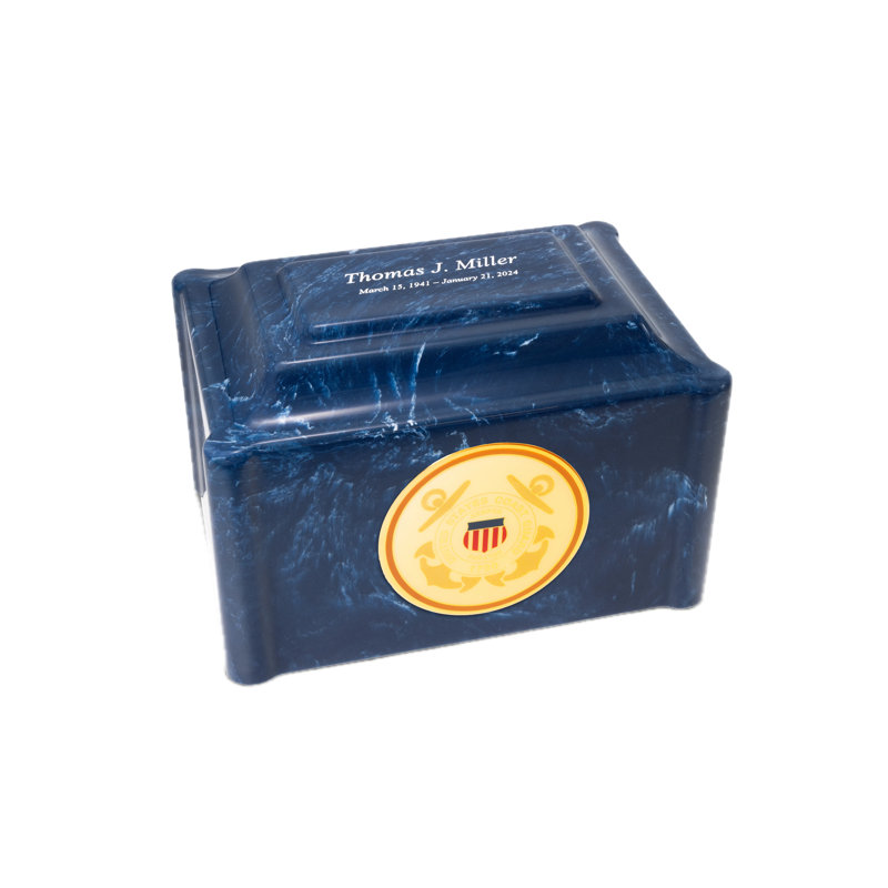Urne de crémation en marbre militaire extra large - Garde côtière, H 6,5 po x l 9,75 po x P 6,75 po