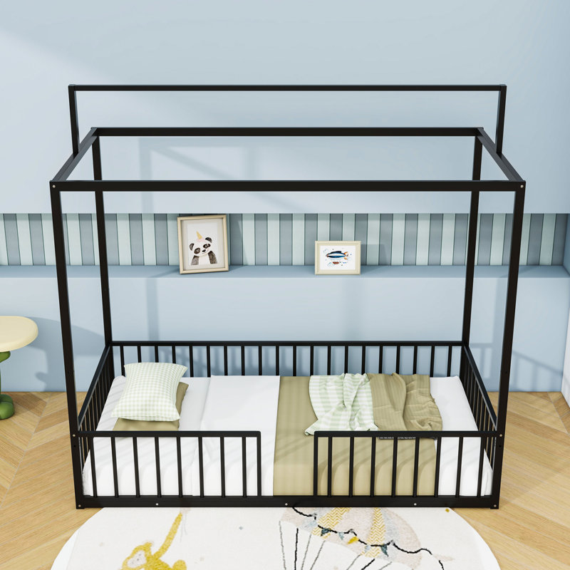 Lit plateforme en métal avec forme de maison, Simple, Noir