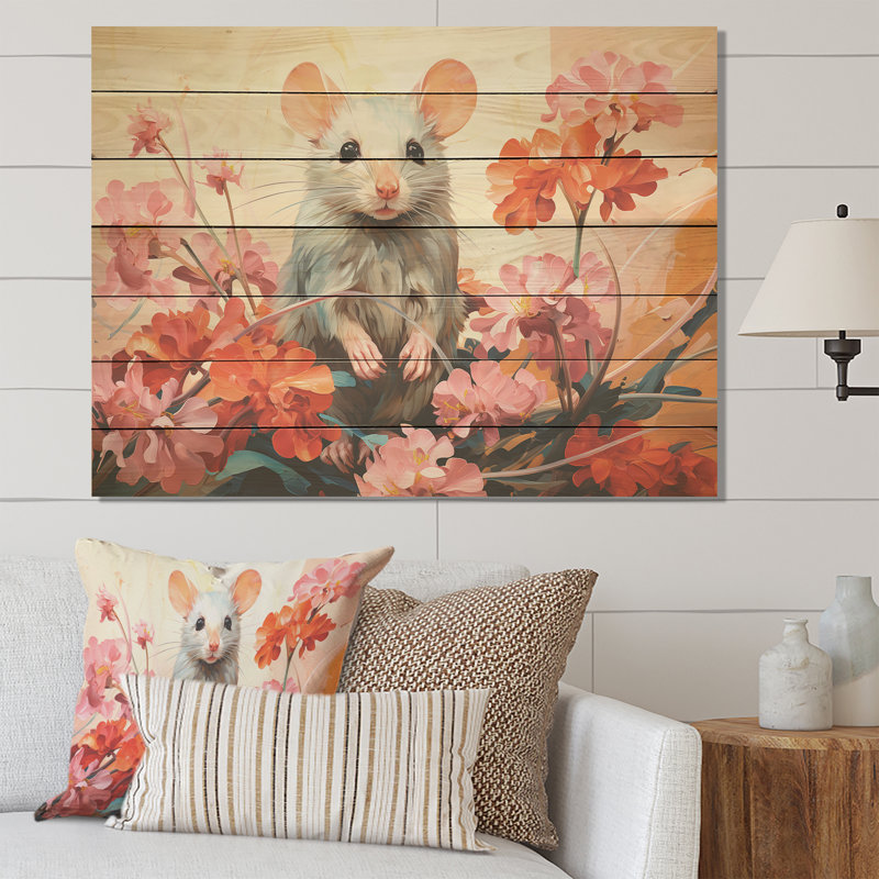 Pink Curious Rat Blooms II - Mouse Animal On Wood Print, 24" H x 32" W x 0.78" D