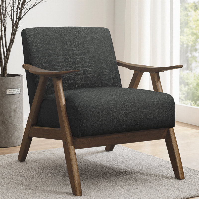 Retro Modern Fabric Accent Chair - Solid Wood Upholstered Seat & Back, Dark Gray, Walnut