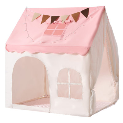 Tente de jeu pour enfants, structure en PVC, avec tapis rembourré rose, utilisable à l'intérieur et à l'extérieur, coin lecture/sieste, sac de transport, drapeau, fenêtre aérée et guirlande lumineuse étoilée.