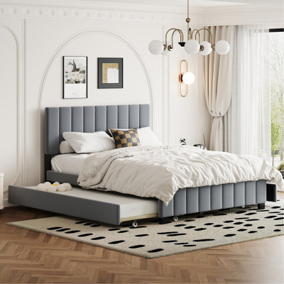 Lit plateforme tapissier en velours avec 2 tiroirs et 1 lit gigogne simple TG