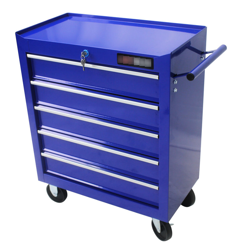Chariot à outils d'atelier 5 tiroirs avec glissières à roulement et serrure, verrou d'armoire à tiroir bleu 4 roues pour le garage, lueur