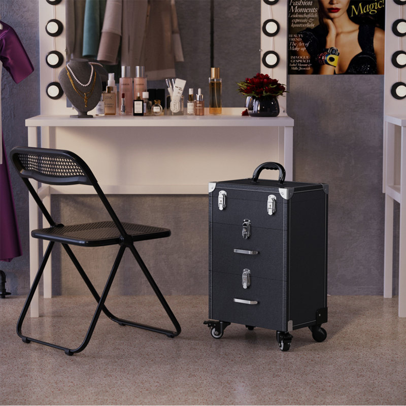 Leather-Covered Two-Drawer + Nail Polish Box Black Makeup Case