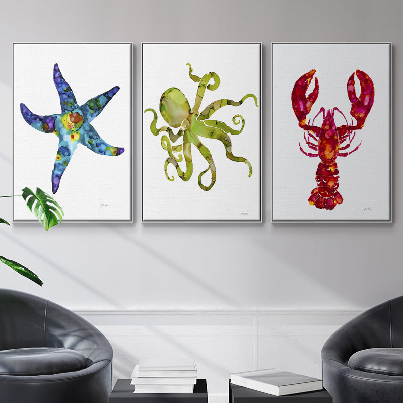 Homard, impression sur toile 3 pièces, H 24 po x l 48 po x P 2 po, Blanc