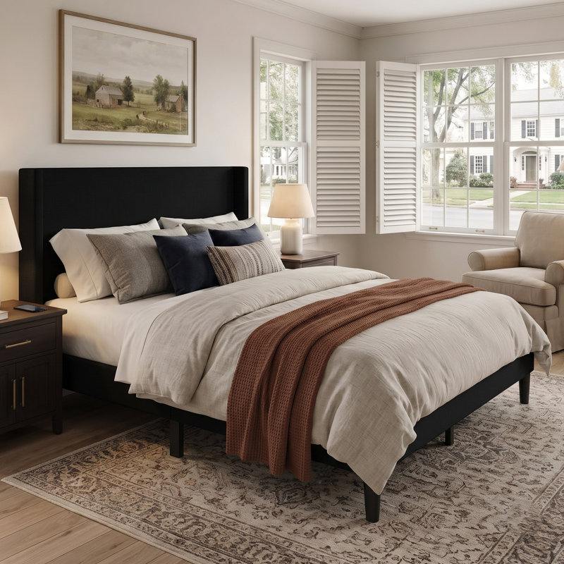 Bangor Queen Upholstered Wingback Platform Bed, Black, Queen
