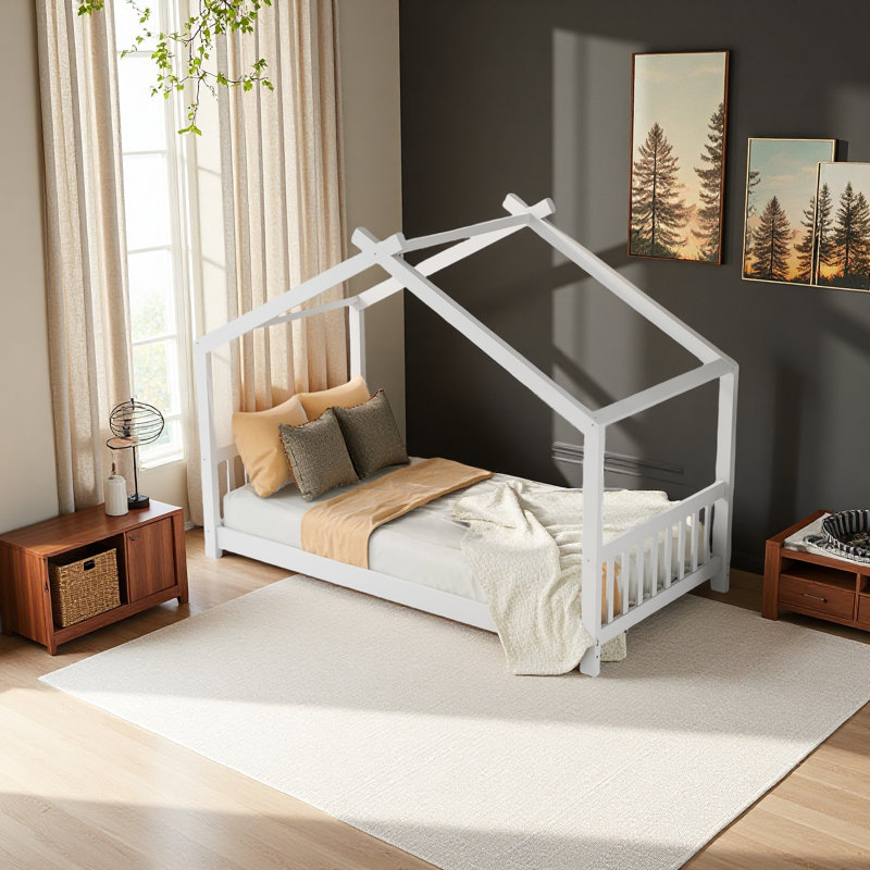 Lit plateforme simple avec tête et pied de lit, Naturel