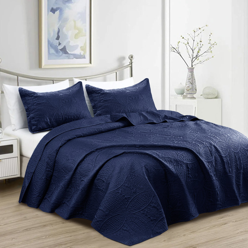 3 Piece Bedspread Set - Reversible Quilt Set - Lightweight Microfiber Coverlet for Queen King Twin, Navy