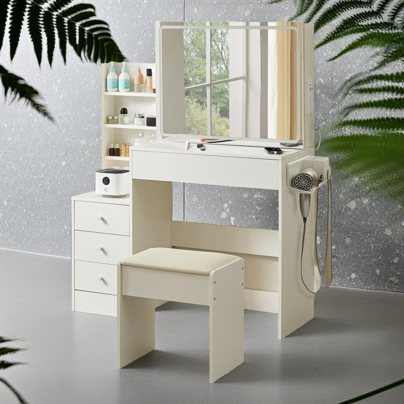 Table de coiffeuse avec miroir à éclairage DEL avec prise de courant et étagère pour sèche-cheveux, avec 4 tiroirs et tabouret rembourré, luminosité réglable en 3 modes d'éclairage, table de rangement, blanc, L 43,3 po x l 15,7 po x H 55,4 po