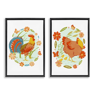 Ensemble de 2 cadres flottants coq et poule avec fleurs, design par Hannah Moren