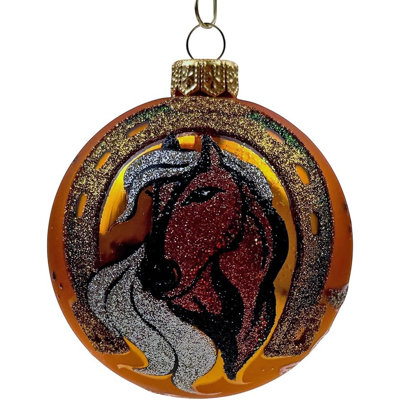 Christmas Glass Ball Ornaments Horse, Hand Painted, 3.25" (8 cm), Symbol of 2026 "Horse in a Horseshoe on Gold Background