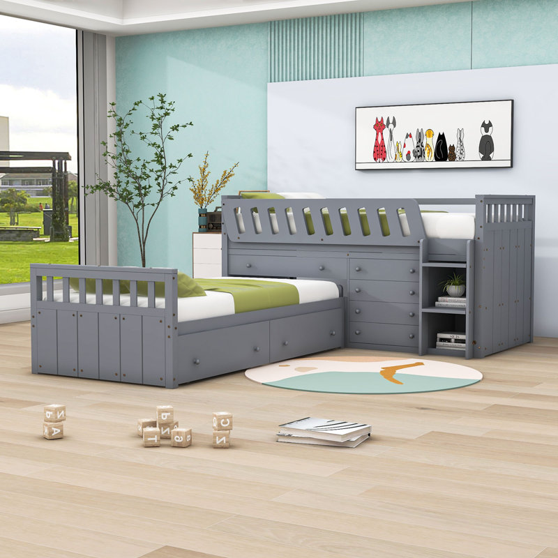 Twin Over Twin Wood Bunk Bed With 7 Drawer, White