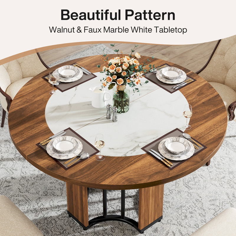 47" Round Dining Table, Wood Circle Traditional Dining Room Table for 4, Walnut