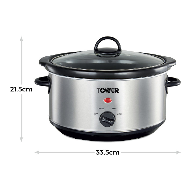 Tower T16040Y Slow Cooker with 3 Heat Settings and Removable Dishwasher Safe Pot, Energy Efficient, Easy to Clean, 6.5 Litre, Stainless Steel