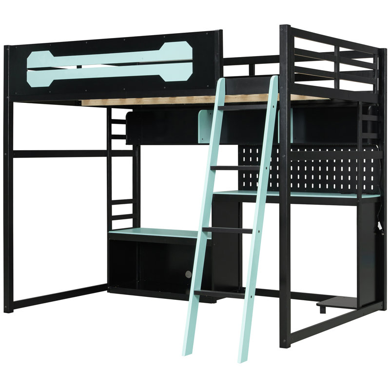 Lit mezzanine double avec bureau, tablettes, ports, éclairage à DEL et en noir + - Améliorez votre espace de jeu, les lumières de la structure en bois massif combinent style, fonctionnalité et confort.