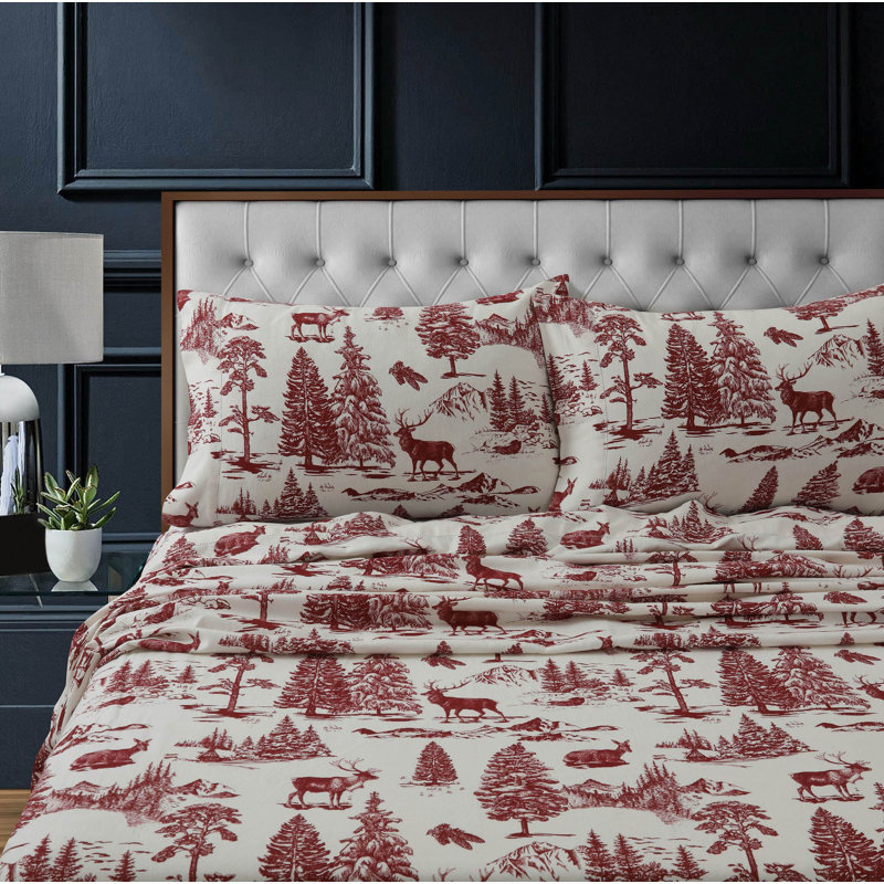 Flannel Sheet Set, Queen Sheet Set + Fitted Sheet + 2 Pillowcases, Deep Red