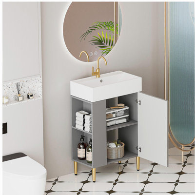 21.6" Open-shelving vanity with ceramic sink, soft-close door, left storage shelf, assembly needed, Grey GF-24VB06-21MGLCONTACT SELLER FOR STOCK-W1573S00020