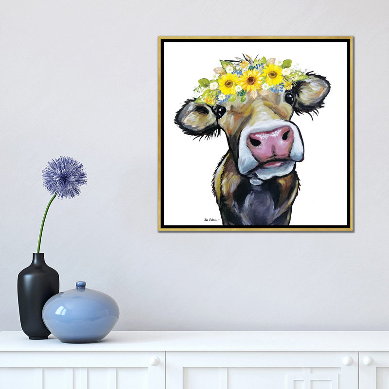 Brun noisette avec couronne de fleurs de tournesol par hippie Hound studios-impression, Pas de tapis, Toile encadrée d'or