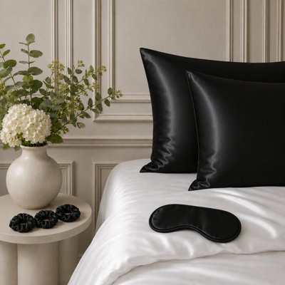 Ensemble 6 pièces de taies d'oreiller et accessoires de literie en satin de soie soyeux