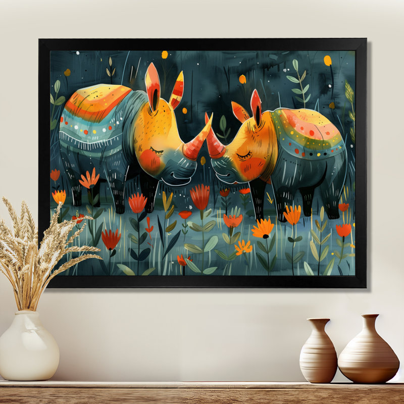 Terrina - Rhinocéros, art mural animal, Cadre simple noir, H 30 po x l 40 po