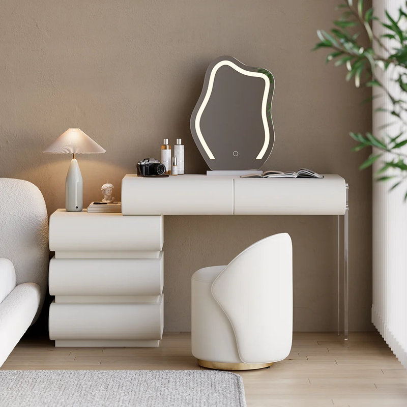 Modern White PU Leather Vanity Set with LED Mirror and Stool