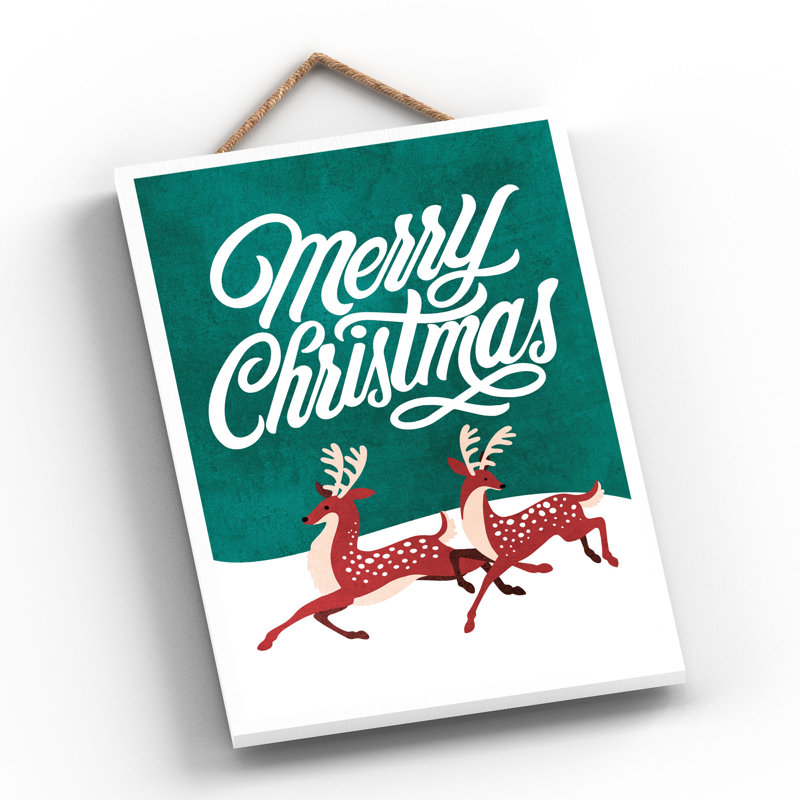 Xmas Merry Christmas Reindeer Wooden Plaque, 28.5cm H x 18.5cm W x 0.9cm D