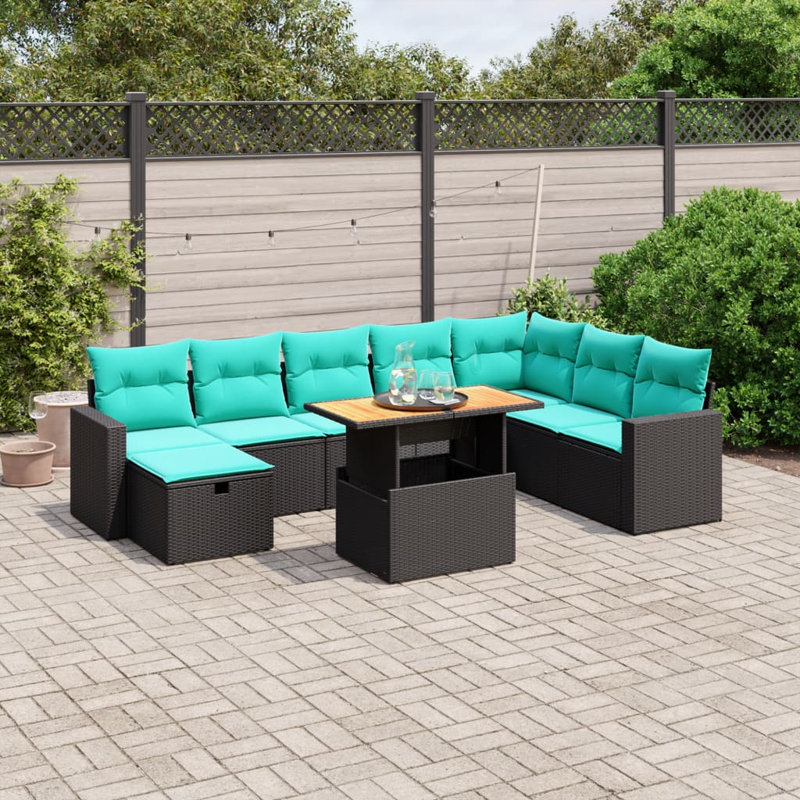 Ensemble de canapé de patio 9 pièces avec coussins en rotin de polyester, Bleu clair, Noir