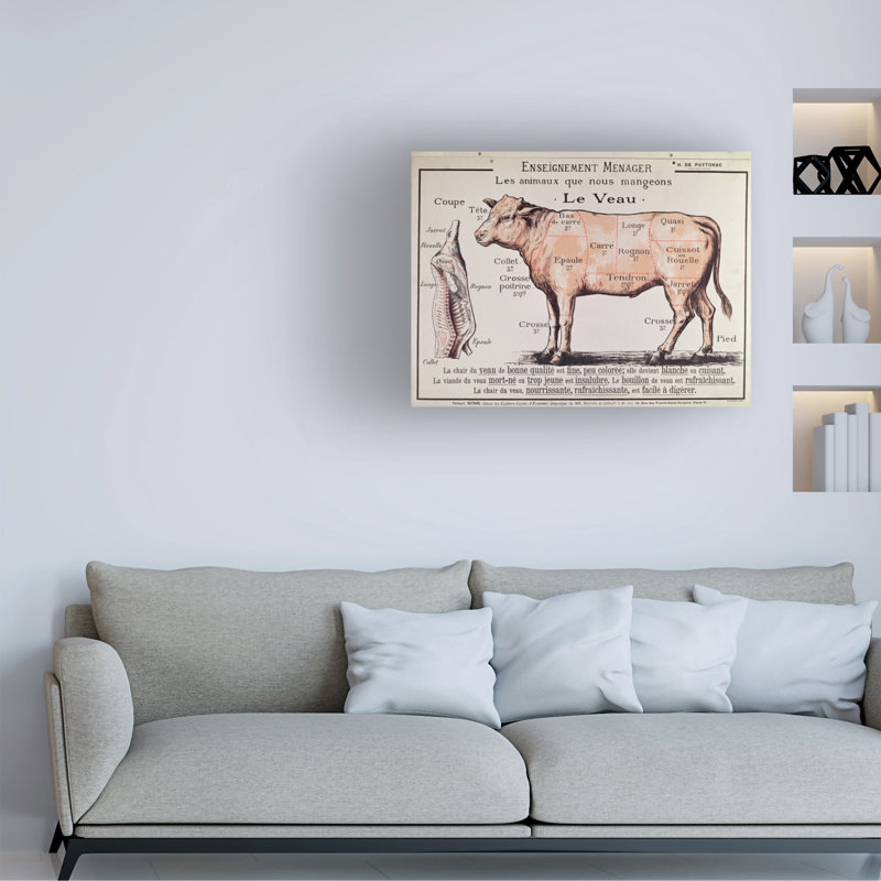Art français sur toile de veau, école illustrant les différentes coupes de viande, H 14 po x l 19 po