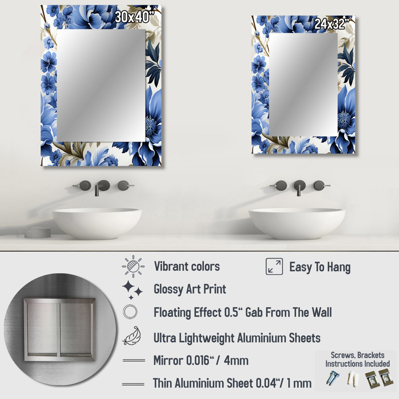 Aristeu Cobalt Blue Brocade Victorian Pattern - Floral Decorative Mirror, Cottage Large Wall Mirror, Printed Metal Art