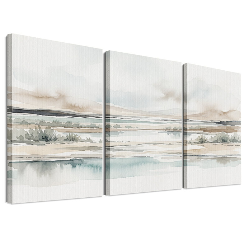 Ensemble de 3 toiles murales représentant un paysage aquarelle aux tons doux avec des buissons de sauge, 36"H x 24"W x 3pcs
