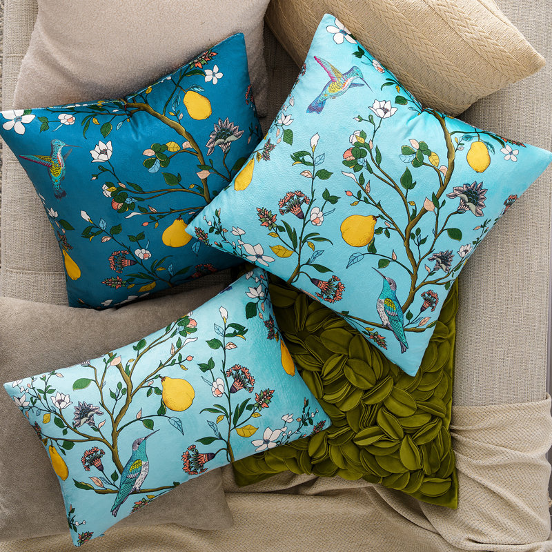 Housses de velours à motif floral colibri, housses de canapé décoratives fantaisistes, Bleu, Carré 18 po