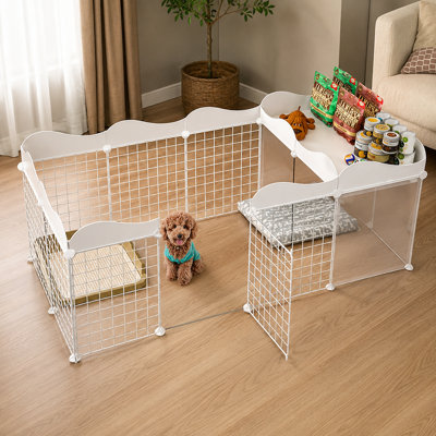 DIY Pet Playpen with Storage Shelf – 43.7" / 57.9" Indoor Dog Pen with Door, Toilet Area & Detachable Panels, Metal Wire Enclosure for Small Dogs & Small Pets (White)