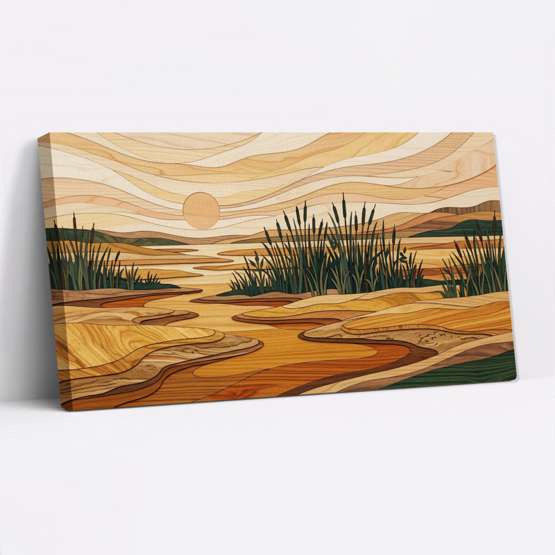 Art mural sur toile en bois marqueterie rivière et quenouilles, 32“W x 16”H
